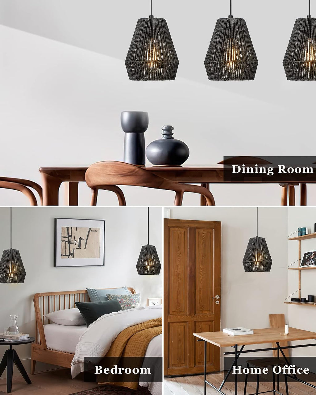3 Pack Black Rattan Boho Pendant Lights