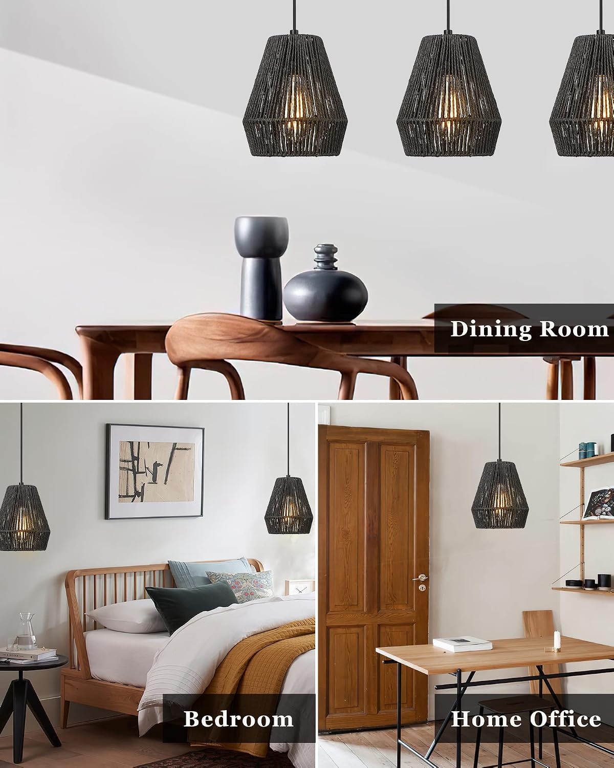 3 Pack Black Rattan Boho Pendant Lights