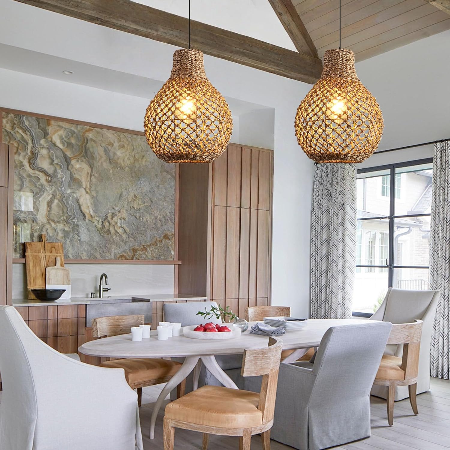 2 Pack Seagrass Boho Rattan Pendant Lights