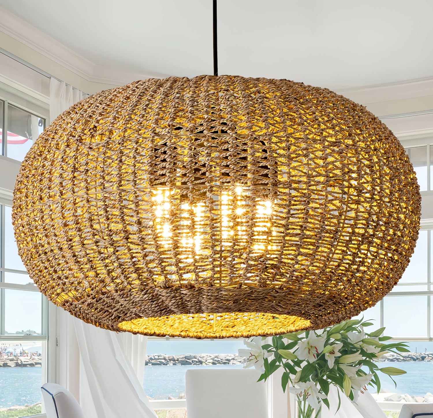 4-Light Large Boho Rattan Chandelier Fixture